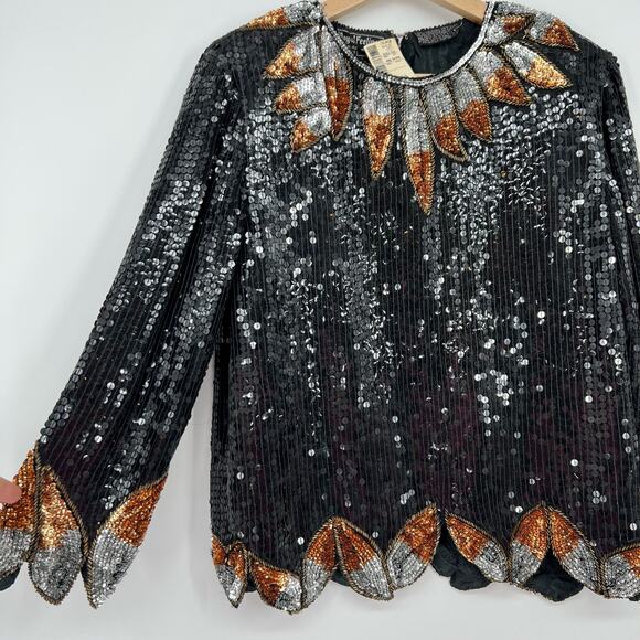 Vintage Royal Feeling Silk Sequin Evening Blouse Top NEW Small Black Silver Glam - Picture 4 of 11